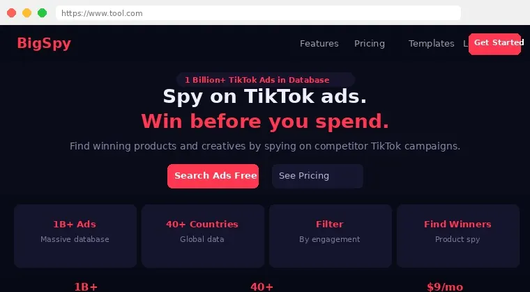 BigSpy TikTok ad research and competitor analysis interface